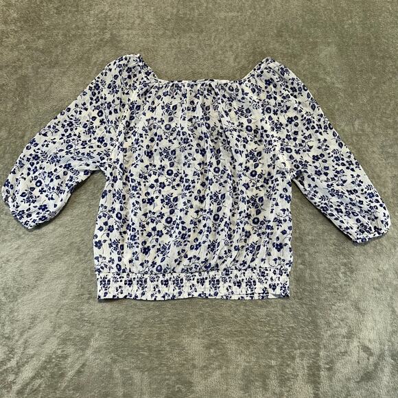 Abercrombie & Fitch Sheer Women's Top Medium Navy White Floral Embroidered Boho - Picture 11 of 12